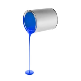 Image of Blue paint pouring out of can on white background