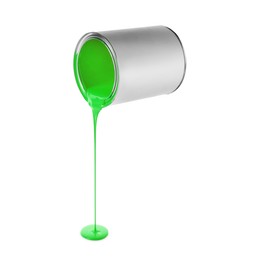 Image of Light green paint pouring out of can on white background