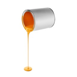 Image of Orange paint pouring out of can on white background