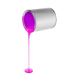 Image of Magenta color paint pouring out of can on white background