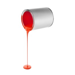 Image of Red paint pouring out of can on white background