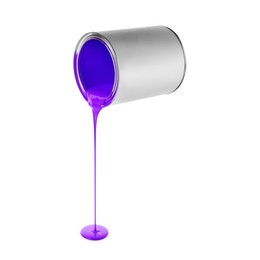Image of Indigo color paint pouring out of can on white background