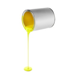 Image of Yellow paint pouring out of can on white background