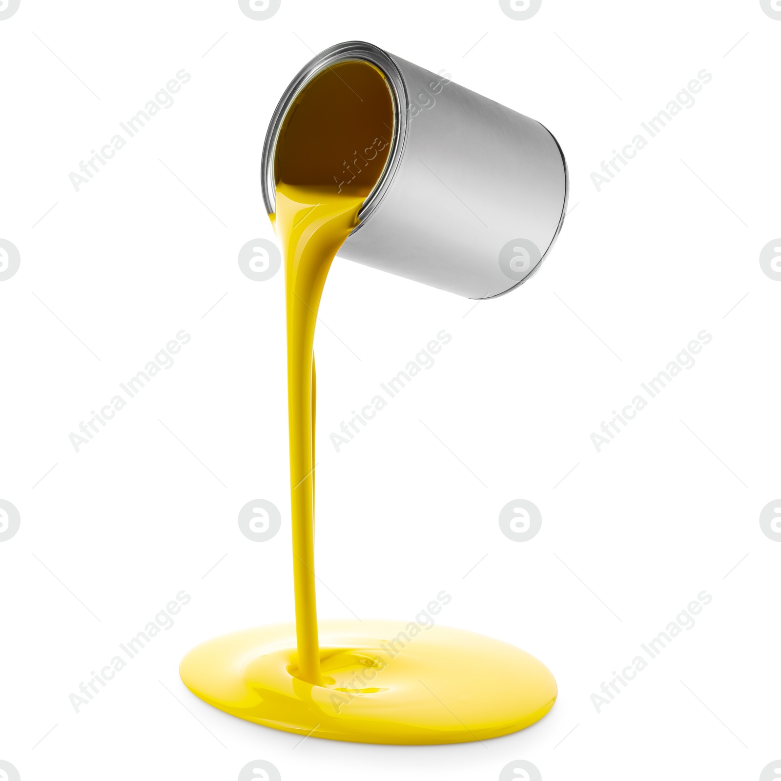 Yellow paint pouring out of can on white background Image of Yellow paint pouring out of can on white background