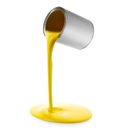 Image of Yellow paint pouring out of can on white background