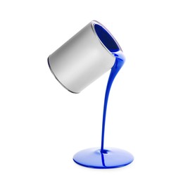 Image of Blue paint pouring out of can on white background