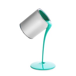 Image of Turquoise paint pouring out of can on white background
