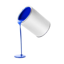 Image of Blue paint pouring out of can on white background
