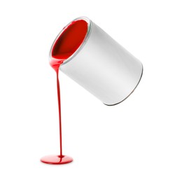 Image of Red paint pouring out of can on white background
