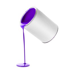 Image of Indigo color paint pouring out of can on white background