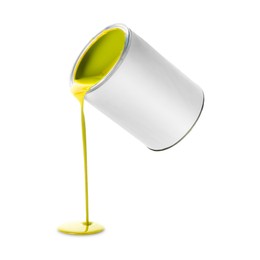 Image of Yellow paint pouring out of can on white background