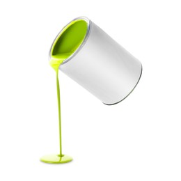 Image of Lime green paint pouring out of can on white background
