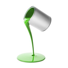 Image of Light green paint pouring out of can on white background