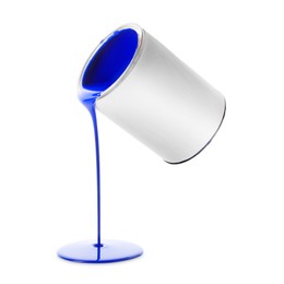 Image of Blue paint pouring out of can on white background