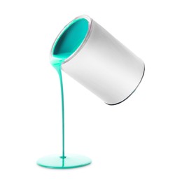 Image of Turquoise paint pouring out of can on white background