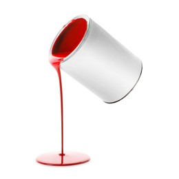 Image of Red paint pouring out of can on white background
