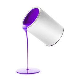 Image of Indigo color paint pouring out of can on white background