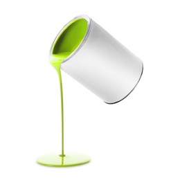 Image of Lime green paint pouring out of can on white background