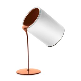Image of Brown paint pouring out of can on white background