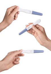 Image of Women holding pregnancy tests on white background, closeup. Collage