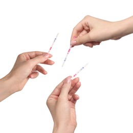 Image of Women holding pregnancy tests on white background, closeup. Collage