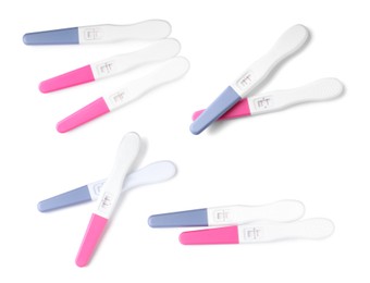 Image of Different positive pregnancy tests on white background, collage. Top view