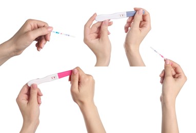 Image of Women holding different positive pregnancy tests on white background, closeup. Collage