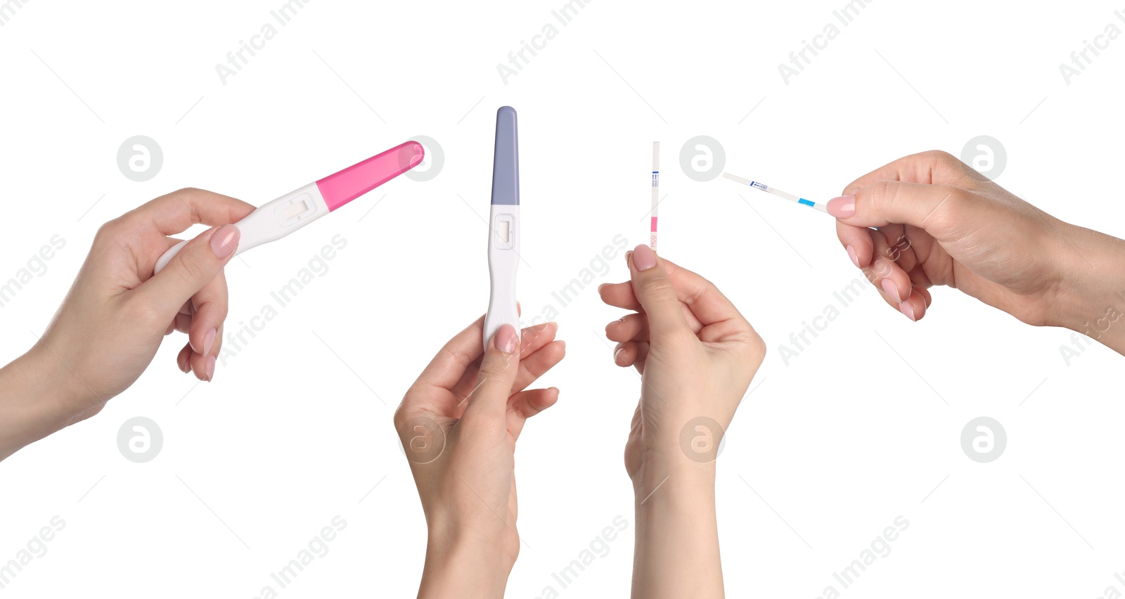 Image of Women holding different pregnancy tests on white background, closeup. Collage