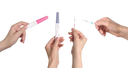 Image of Women holding different pregnancy tests on white background, closeup. Collage