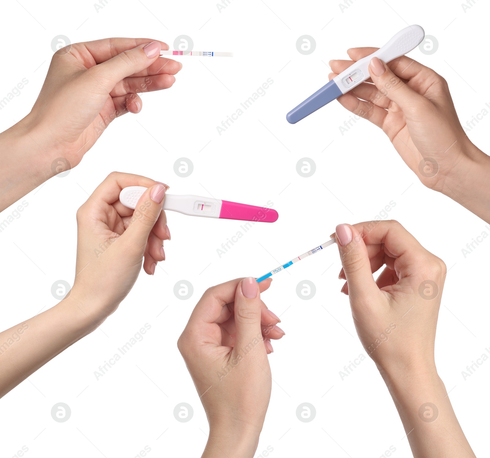 Image of Women holding different negative pregnancy tests on white background, closeup. Collage
