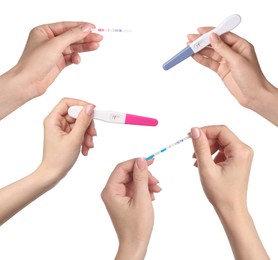 Image of Women holding different negative pregnancy tests on white background, closeup. Collage