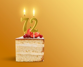 Image of Piece of cake with burning number shaped candles on golden gradient background, space for text. 72th birthday or other special occasion