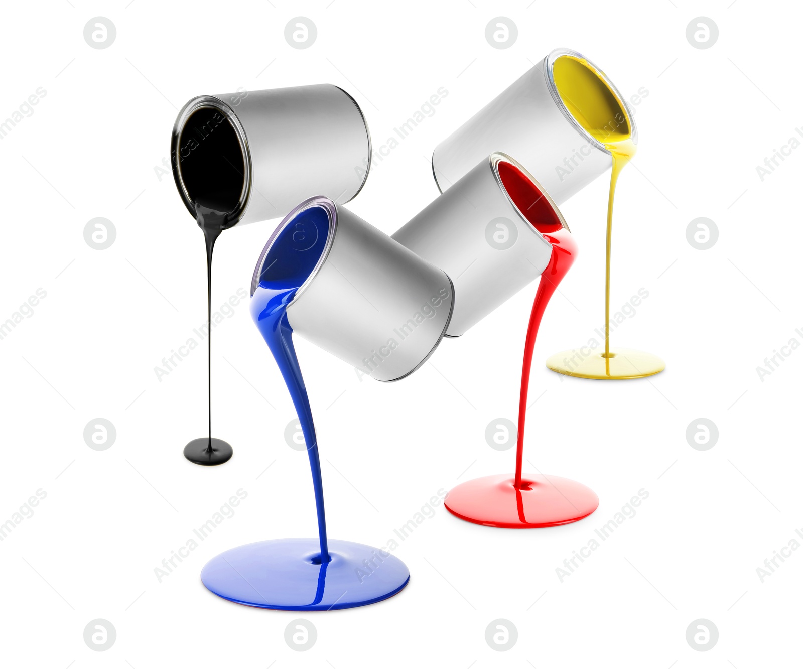 Paints of different colors pouring out of cans on white background, collage Image of Paints of different colors pouring out of cans on white background, collage