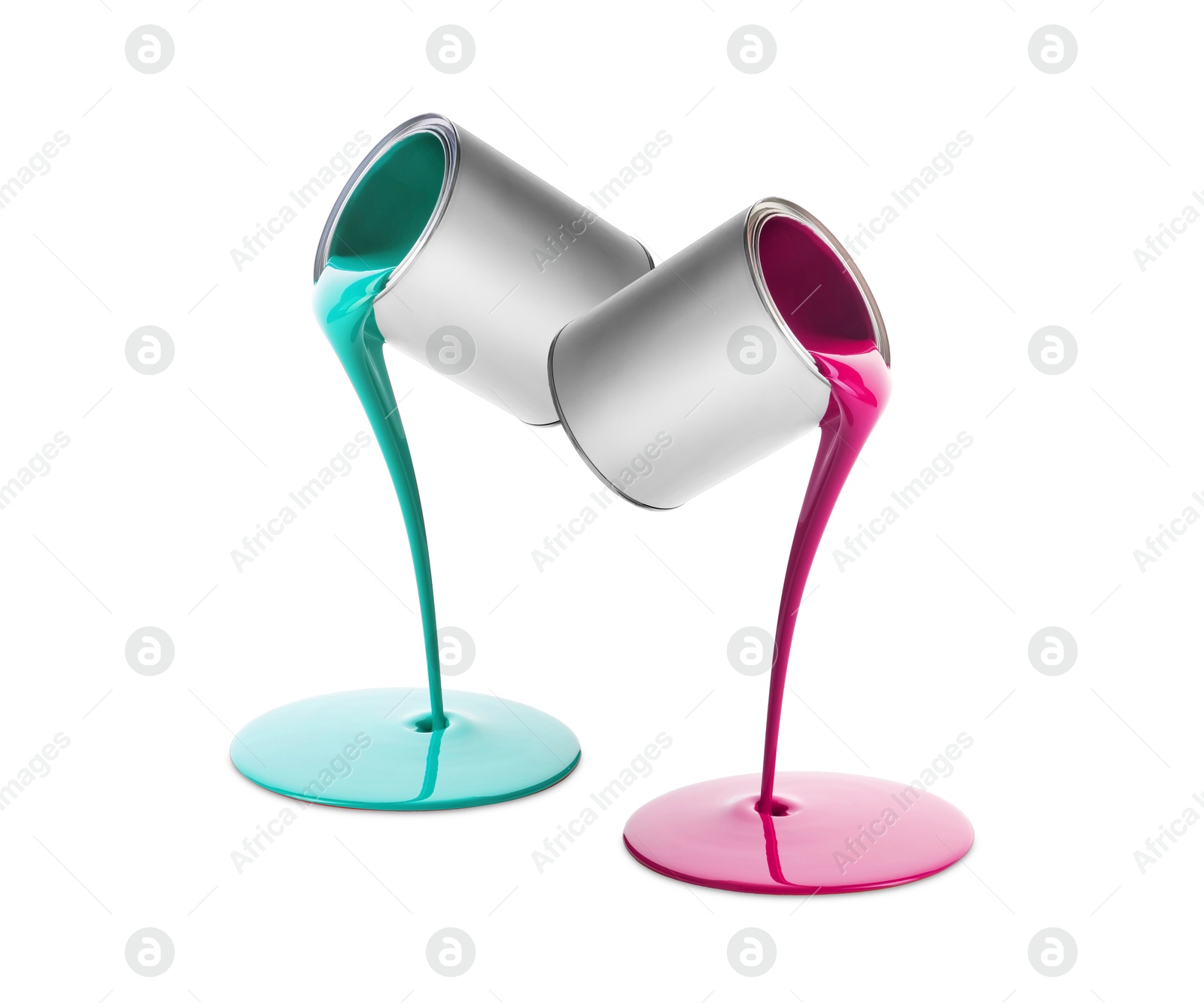 Paints of different colors pouring out of cans on white background, collage Image of Paints of different colors pouring out of cans on white background, collage