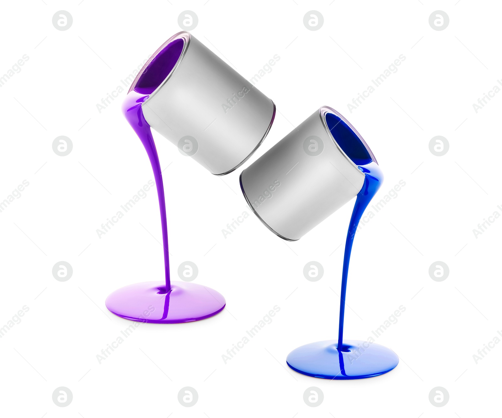 Paints of different colors pouring out of cans on white background, collage Image of Paints of different colors pouring out of cans on white background, collage