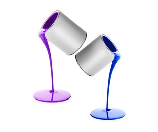 Image of Paints of different colors pouring out of cans on white background, collage