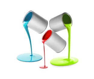 Image of Paints of different colors pouring out of cans on white background, collage