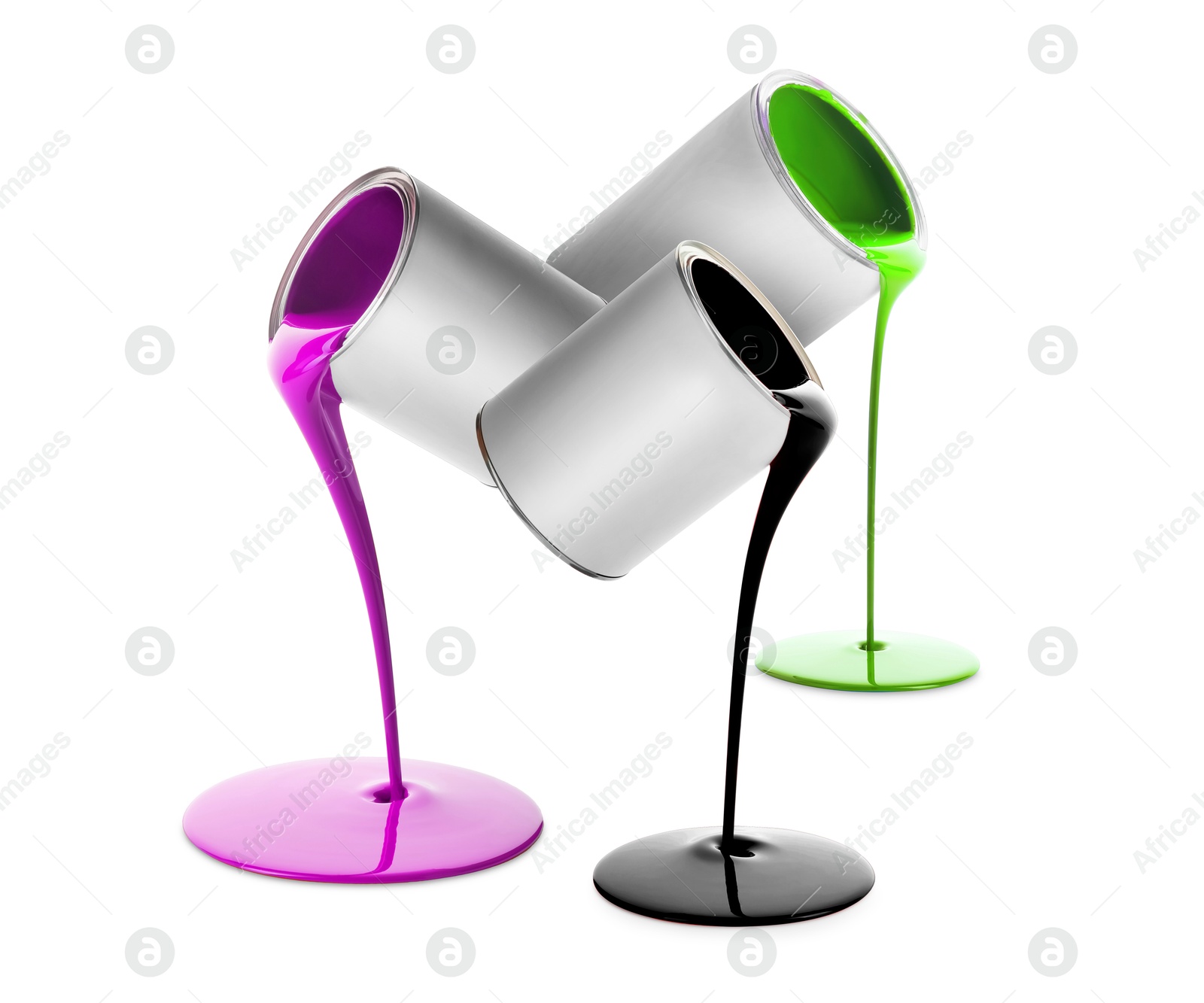 Image of Paints of different colors pouring out of cans on white background, collage