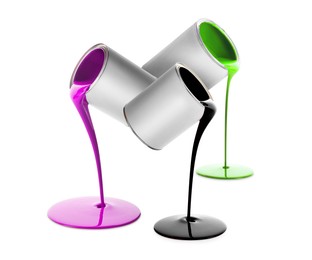 Image of Paints of different colors pouring out of cans on white background, collage