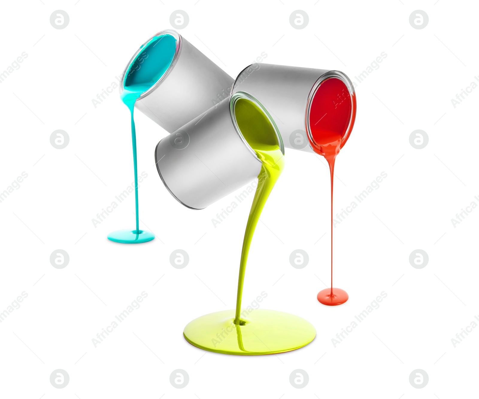 Paints of different colors pouring out of cans on white background, collage Image of Paints of different colors pouring out of cans on white background, collage
