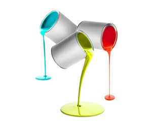 Image of Paints of different colors pouring out of cans on white background, collage