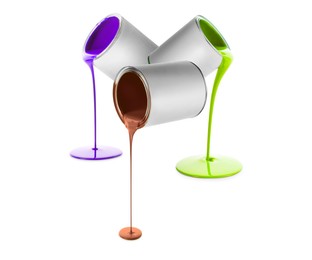 Image of Paints of different colors pouring out of cans on white background, collage