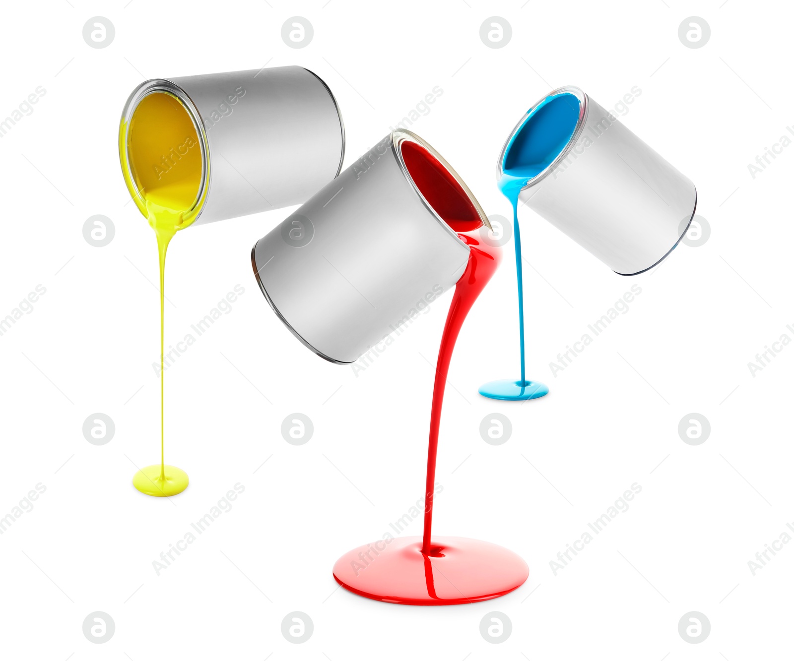 Paints of different colors pouring out of cans on white background, collage Image of Paints of different colors pouring out of cans on white background, collage