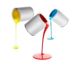 Image of Paints of different colors pouring out of cans on white background, collage