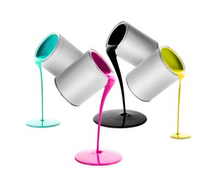 Image of Paints of different colors pouring out of cans on white background, collage