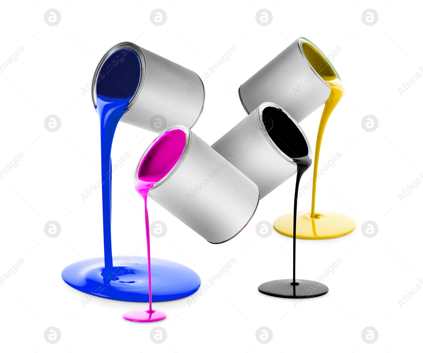 Paints of different colors pouring out of cans on white background, collage Image of Paints of different colors pouring out of cans on white background, collage
