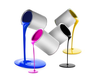 Image of Paints of different colors pouring out of cans on white background, collage