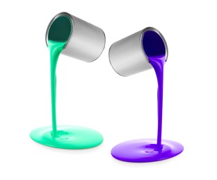 Image of Paints of different colors pouring out of cans on white background, collage