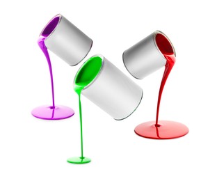 Image of Paints of different colors pouring out of cans on white background, collage