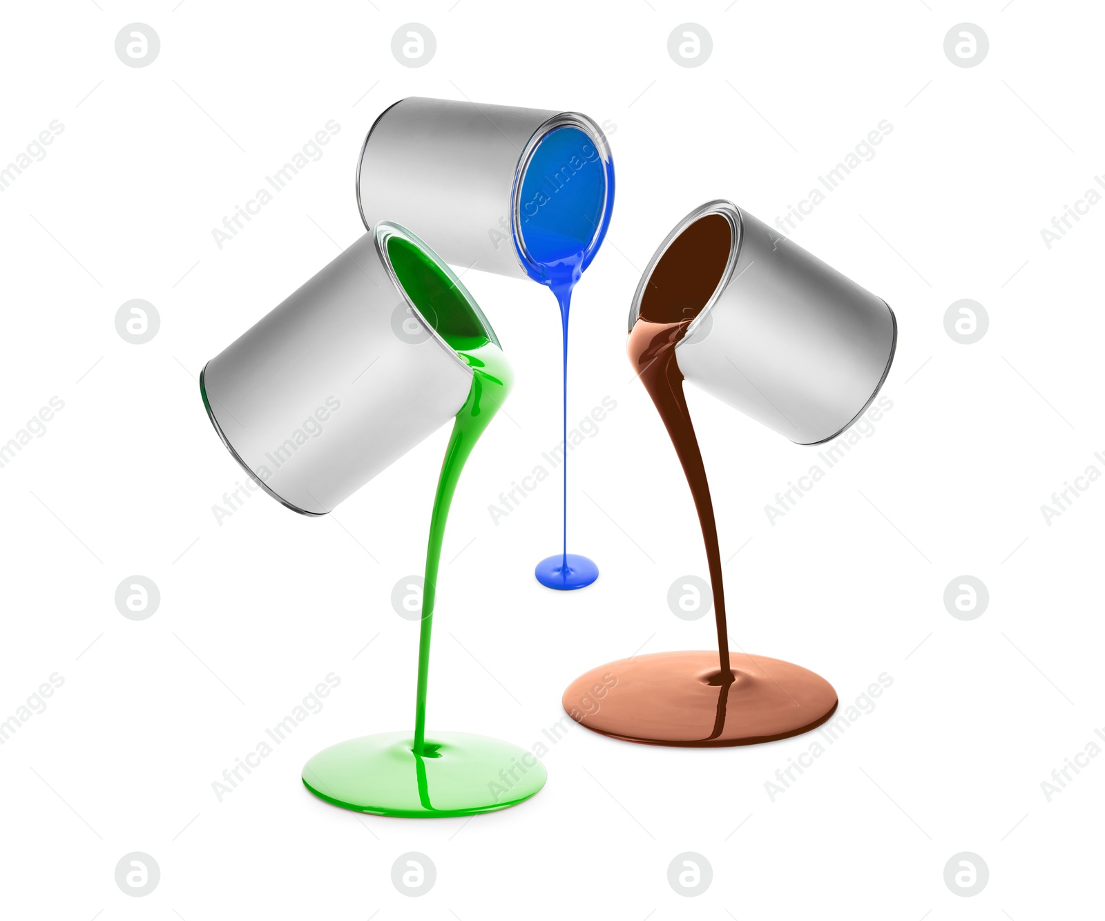 Paints of different colors pouring out of cans on white background, collage Image of Paints of different colors pouring out of cans on white background, collage